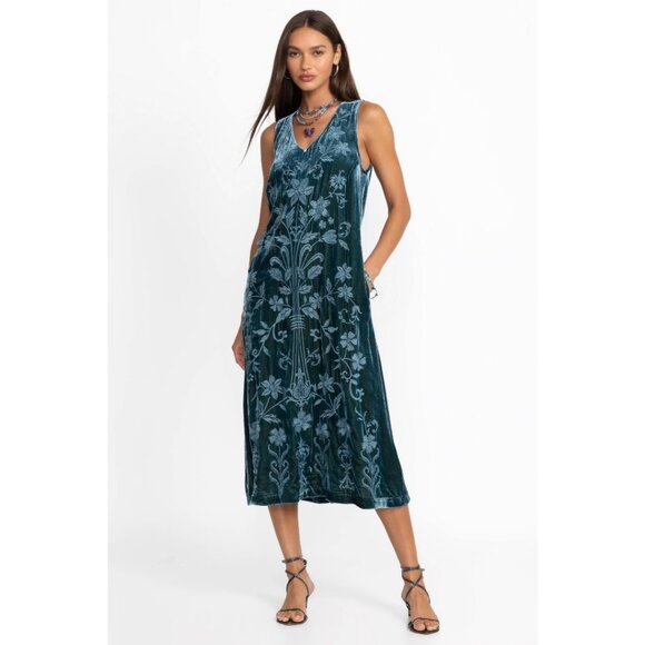 NWT Johnny Was Talithia Velvet V-Neck Dress Peacock Blue Size Large - Picture 1 of 12